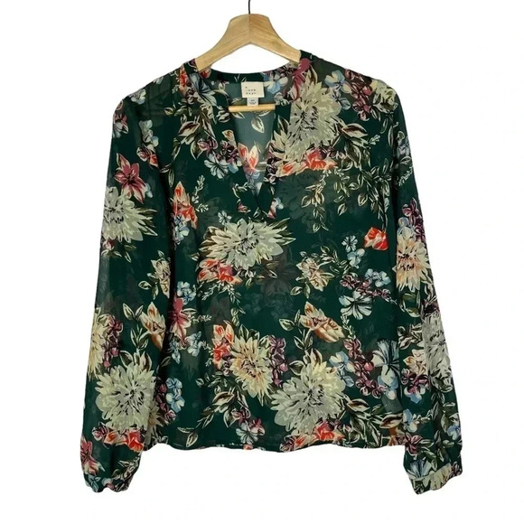 A New Day Emerald Green Floral Chiffon Long Sleeve XS - Picture 1 of 3